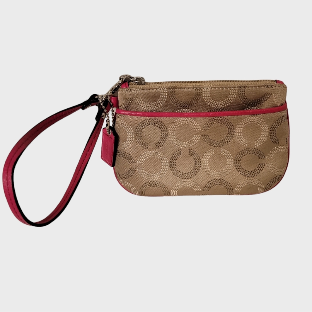 Coach Signature Wristlet Khaki Fabric Pink Leather Trim
